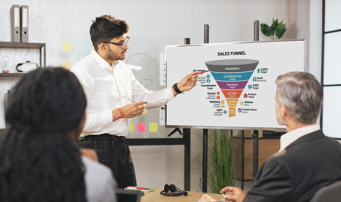 ROI-driven marketing funnel diagram showing TOFU, MOFU, BOFU stages with conversion metrics and optimization strategies