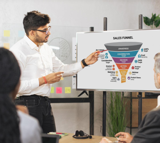 ROI-driven marketing funnel diagram showing TOFU, MOFU, BOFU stages with conversion metrics and optimization strategies